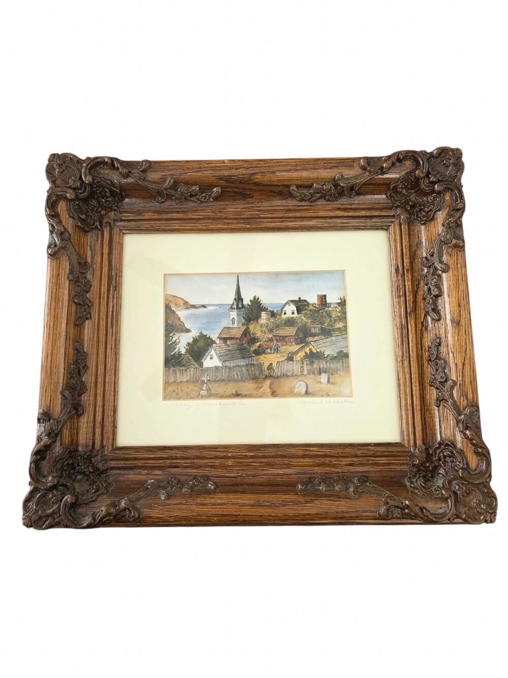 Muriel Wilhelmi Signed Village of Mendocino CA Print Ornate Frame 15x13